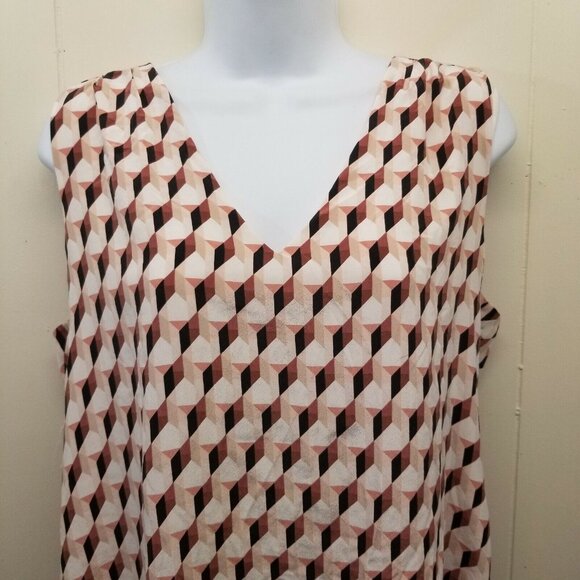 White House Black Market S Silk Shirt Top Lined Hi Low Shell Geometric V Neck - Picture 3 of 6